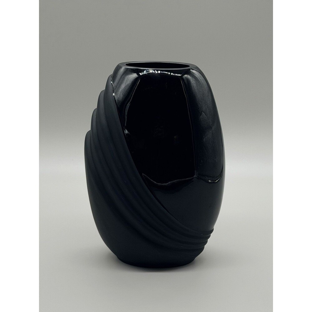 VTG 80s Two's Company Noir Black Glass Vase Matte Satin Swirl Art Deco Revival